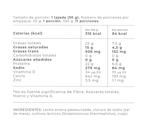 Información Nutricional - 330 gr